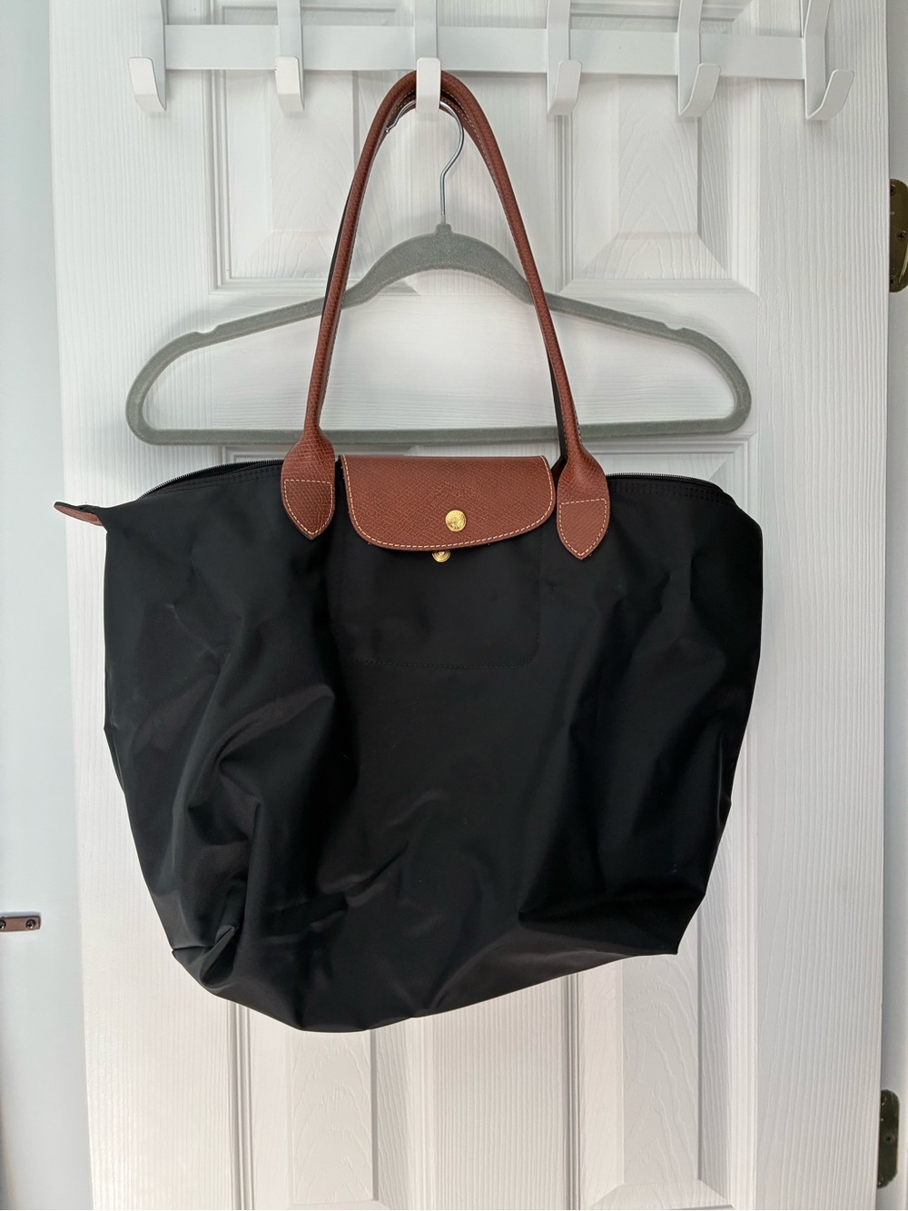 Black Longchamp Tote Bag with Brown Handles